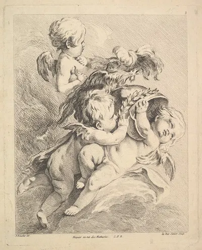 Three Cupids Holding a Helmet by Louis-Felix de La Rue — digital art print download