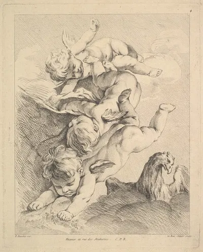 Three Cupids Turning a Somersault, an Eagle on the Right by Louis-Felix de La Rue — digital art print download