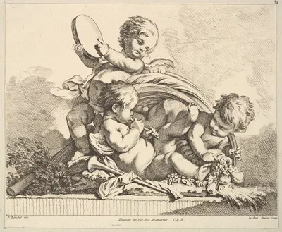 Three Cupids, Two Playing Music, One Holding Palm Leaves by Louis-Felix de La Rue — digital art print download