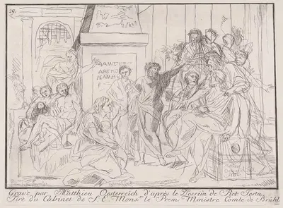 Classical scene of figures gathered around an orator at right by Matthias Oesterreich, 1752 — digital art print download