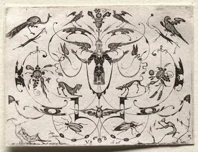Аребеска с павлином, попугаем, собаками и насекомыми by Валентин Сезениус, 1626 — digital art print download