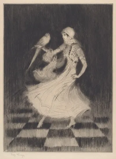 Женщина, танцующая с попугаем. by Трой Кинни, 1915 — digital art print download