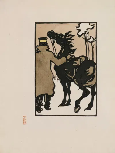 Японский солдат с лошадью в снегу by Хасигути Гоё, c.1904 — digital art print download