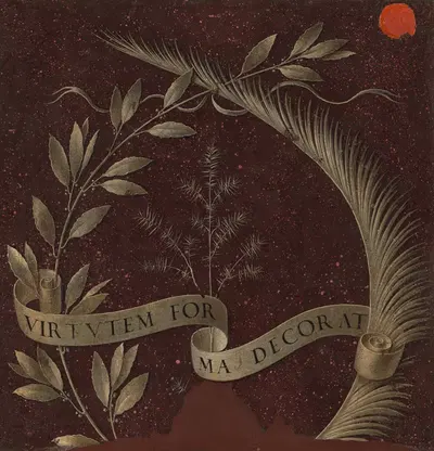 Венок из лавра, пальмы и можжевельника с свитком, на котором написано Virtutem Forma Decorat by Леонардо да Винчи, c. 1474…
