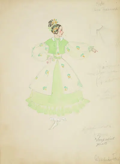 Pirates of Penzance: Kate. Patterned cream dress with green underskirt, and green coat by Alex Jones, 1934-1943 — digital…