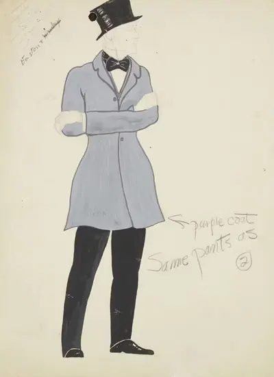 New York Fireman: Purple coat, black trousers, black bowtie and black top hat by Lucie Gilligan, 1934-1943 — digital art…