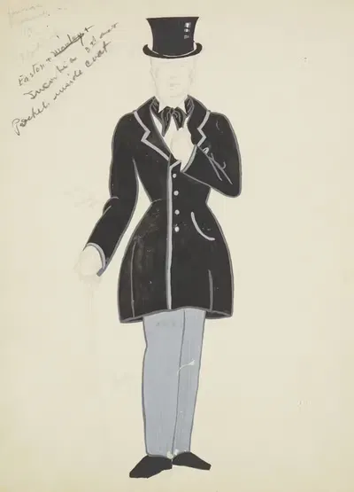 New York Fireman: Black coat, grey trousers, black cravat, black tophat, and grey cane by Lucie Gilligan, 1934-1943 —…