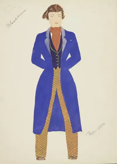 New York Fireman: Blue coat, purple waistcoat, brown cravat, patterned yellow trousers by Lucie Gilligan, 1934-1943 —…