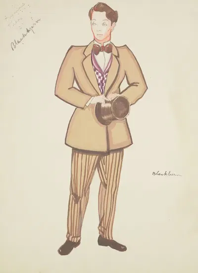 New York Fireman: Brown coat, checked purple waistcoat, striped brown trousers by Lucie Gilligan, 1934-1943 — digital art…