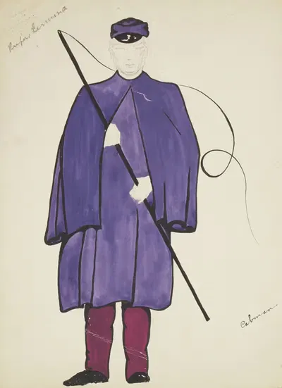 New York Fireman: Cabman. Purple cape, red trousers, whip, and purple cap by Lucie Gilligan, 1934-1943 — digital art print…