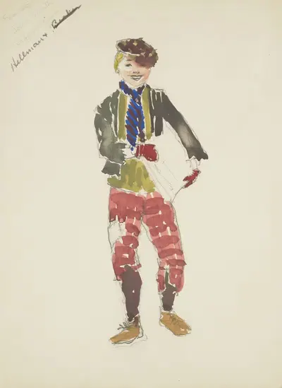New York Fireman: Green shirt, green vest, blue scarf, red mittens, patched red trousers by Lucie Gilligan, 1934-1943 —…