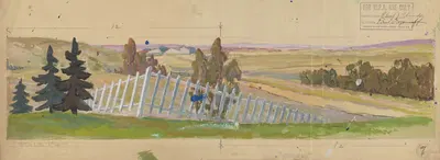 Кровь и гром: эскиз № 4 (Забор с деревьями и полями) by Поль Узунов, 1934-1943 — digital art print download