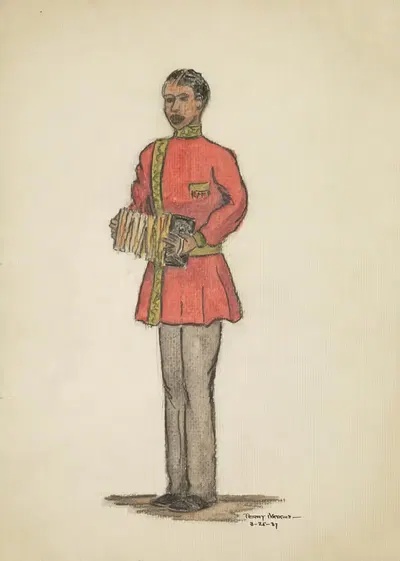 Case of Philip Lawrence: Red uniform with grey trousers and rectangular concertina by Perry Watkins, 1934-1943 — digital…