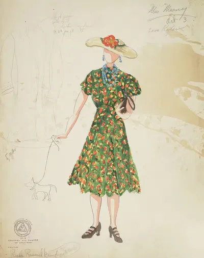 Mr. Dooley, Jr.: Miss Mooney. Green dress with orange and yellow spots by Rhoda Rammelkamp, 1934-1943 — digital art print…