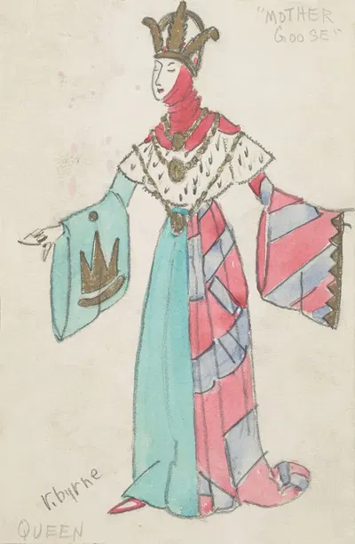 Mother Goose Goes to Town: Queen blue and red dress, red wimple, gold crown by Robert Byrne, 1934-1943 — digital art print…