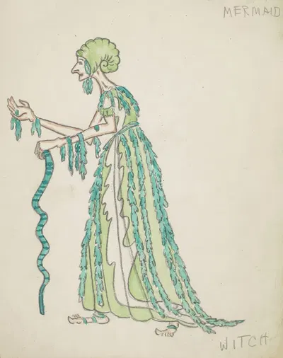 The Little Mermaid: Witch, green seaweed dress with snail cap by Robert Byrne, 1934-1943 — digital art print download