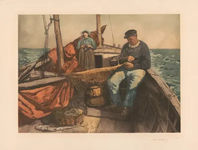 Перед рыбалкой (Бретань); пара рыбаков на лодке by Леон Бартоломе — digital art print download