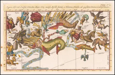 Фигура наблюдает. Путь кометы в апреле 1665 года, от Иоганна Гевелиуса к его же сообщению... by Станислав Лубенецкий, 1668…