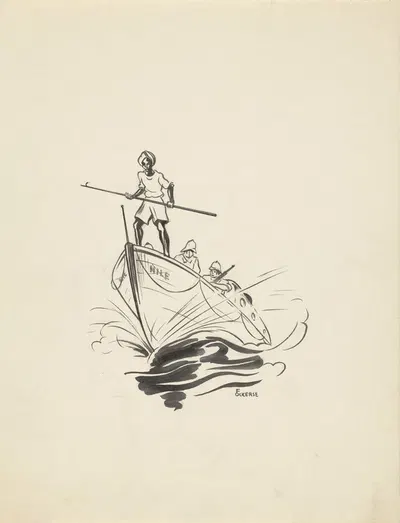 Трое мужчин на лодке by Ф. Окерс, 1934 — digital art print download