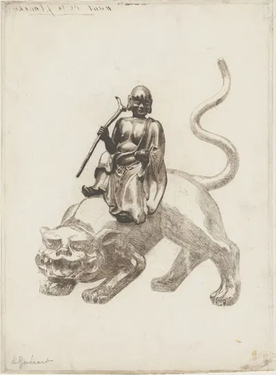 Bronze statue of a Japanese deity (Sennin) on a lion by Анри-Шарль Герар, 1883 — digital art print download