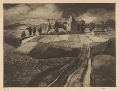 Dorp met molen en kerk in heuvellandschap by Jo Bezaan, 1924 — digital art print download