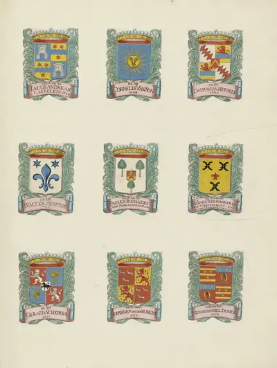 Negen wapens van raden in de vroedschap van Rotterdam, rechtsboven het wapen van Dammas van Hersele by Johannes de Vouw,…