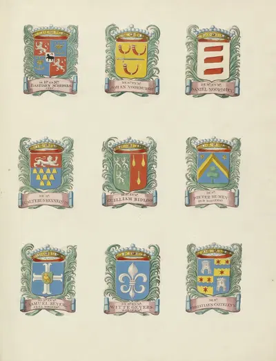 Negen wapens van raden in de vroedschap van Rotterdam, rechtsboven het wapen van Daniël Noordhey by Johannes de Vouw,…