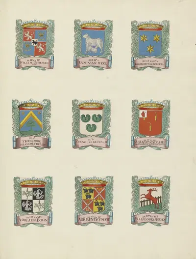 Negen wapens van raden in de vroedschap van Rotterdam, rechtsboven het wapen van Engelbert van Berckel by Johannes de Vouw,…