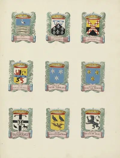 Negen wapens van raden in de vroedschap van Rotterdam, rechtsboven het wapen van Gerard van der Dussen by Johannes de Vouw,…