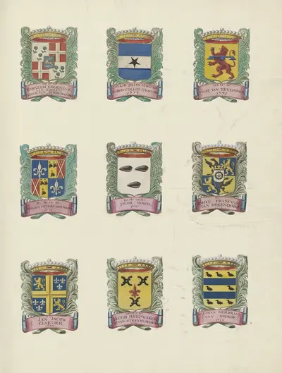 Negen wapens van raden in de vroedschap van Rotterdam, rechtsboven het wapen van Isaac van Teylingen by Johannes de Vouw,…