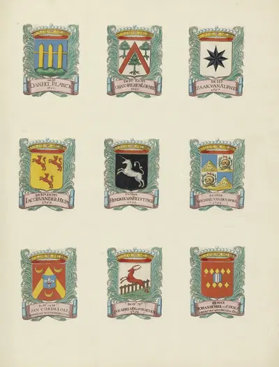 Negen wapens van raden in de vroedschap van Rotterdam, rechtsboven het wapen van Isaack van Alphen by Johannes de Vouw,…