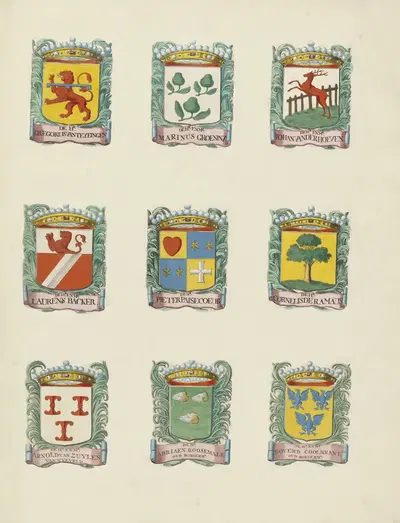 Negen wapens van raden in de vroedschap van Rotterdam, rechtsboven het wapen van Johan van der Hoeven by Johannes de Vouw,…
