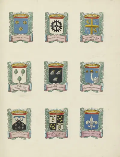 Negen wapens van raden in de vroedschap van Rotterdam, rechtsboven het wapen van Thimon Abraham Elsevier by Johannes de…