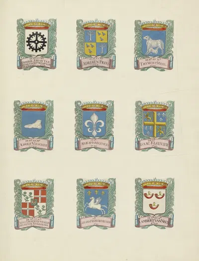 Negen wapens van raden in de vroedschap van Rotterdam, rechtsboven het wapen van Thimon van Meel by Johannes de Vouw,…
