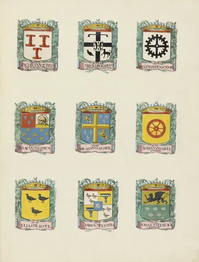Negen wapens van raden in de vroedschap van Rotterdam, rechtsboven het wapen van Willem Hogendorp by Johannes de Vouw,…