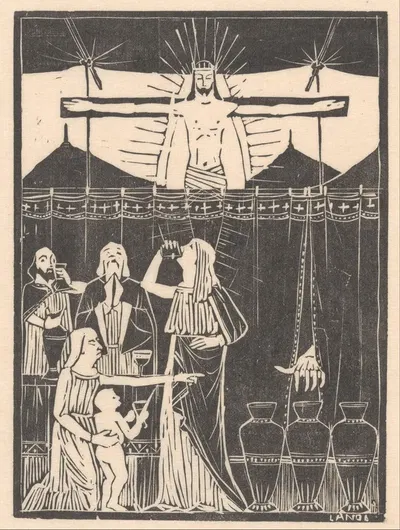 Drinkende mensen bij gekruisigde Christus by Матье Лауверикс — digital art print download