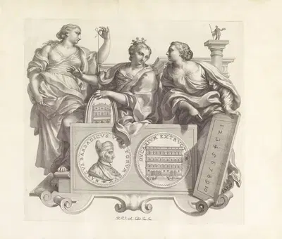 Portret van Marco Barbarigo en de personificaties van Meetkunst, Pracht en Rekenkunst by Robert van Audenaerde, 1673-1743 —…