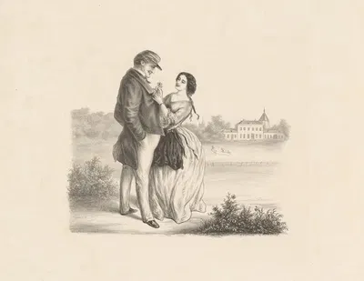 Женщина втыкает цветок в пиджак мужчины by Александр Вер Хуэл, 1832 - 1897 — digital art print download