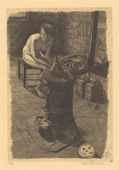 Naakte vrouw zittend bij een kachel by Arend Hendriks, 1929 — digital art print download