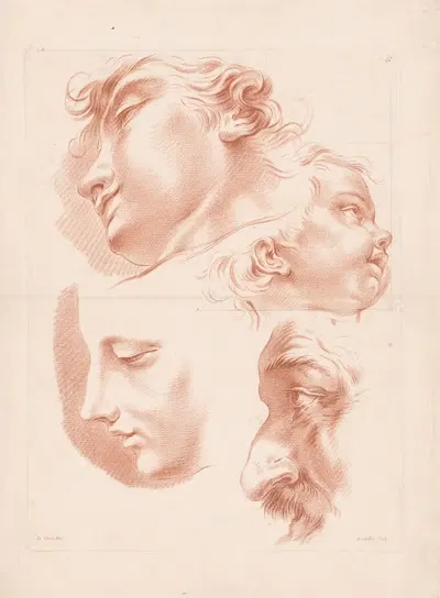 Heads of two men, a woman and a child by Louis-François Roubiliac, 1749-1849 — digital art print download