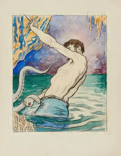 Жиллиат и осьминог — рисунок для обложки by Ахилле Гранчи-Тейлор, 1920-1921 — digital art print download
