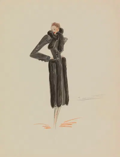 Черная рединготка с шарфом и меховой отделкой by Жаннет, 1938 — digital art print download
