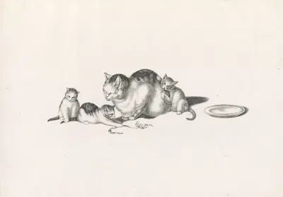 Domestic cat napping with three playful kittens and a saucer on the right by Готфрид Минд, 1820-1860 — digital art print…