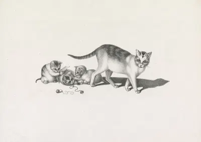 Domestic cat with three kittens, playing by Готфрид Минд, 1820-1860 — digital art print download