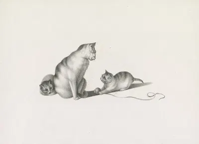 Domestic cat with two kittens, one playing with a ball of string by Готфрид Минд, 1820-1860 — digital art print download