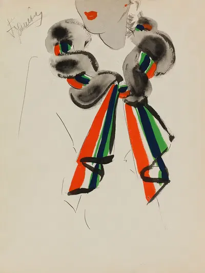 Серый меховой шарф с тканью в полоску из 4 цветов by М. П. Левен, 1938 — digital art print download