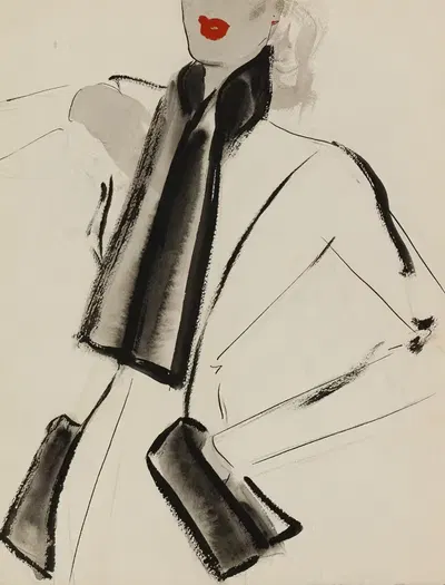 Белое пальто с воротником-шарфом и черными карманами by М. П. Левен, 1938 — digital art print download