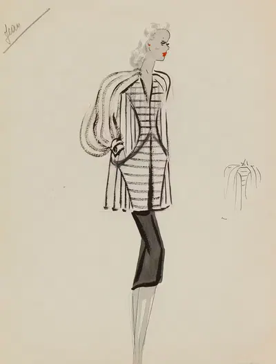 Короткий белый плащ в черную полоску на черном платье by М. П. Левен, 1938 — digital art print download