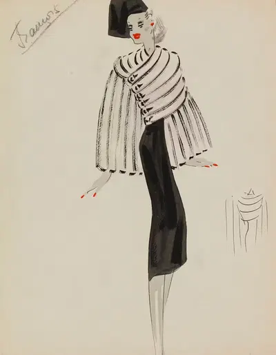 Короткое белое пальто, отделанное полосами на черном платье by М. П. Левен, 1938 — digital art print download