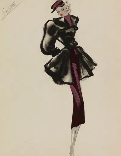 Черное пальто с широкими рукавами на фиолетовом платье by М. П. Левен, 1938 — digital art print download